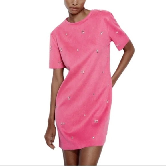 Zara Dresses & Skirts - Zara - Pink Faux Suede Jewel Rhinestone Light Short Sleeve Mini Dress Size XS